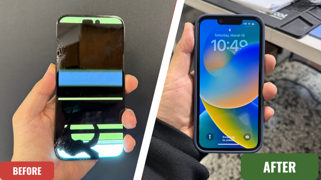 Before-and-after photo of a Samsung Galaxy screen repair or a laptop being serviced