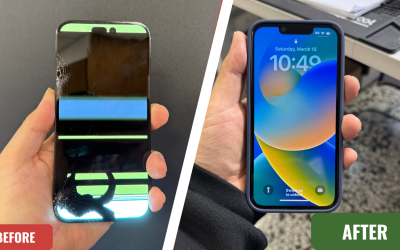 Before and after comparison of a cracked iPhone screen repair